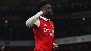 Bukayo Saka of Arsenal celebrates after scoring his team's second goal during the Premier League match between Arsenal and Manchester United on 22 January, 2023 at the Emirates Stadium in London, United Kingdom.
