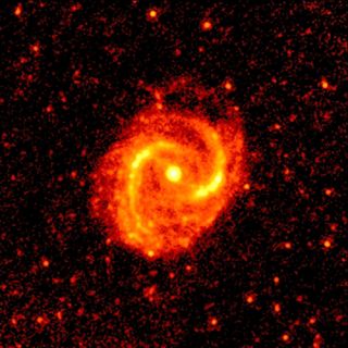 A mid-infrared image of M91 as seen by the Spitzer Space Telescope.