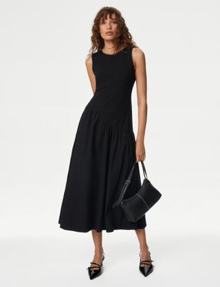 M&S Cotton Blend Textured Midi Drop Waist Dress