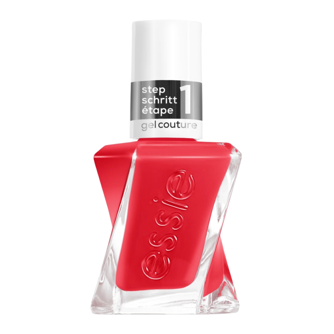 A product shot of the essie Gel Couture Gel-Like Nail Polish in shade Sizzling Hot (a red-coral colour), pictured on a white background