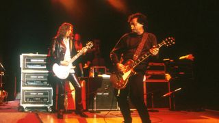 Rich Robinson of the Black Crowes onstage with Jimmy Page at the Greek Theatre, LA in October 1999