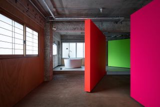 colourful partitions in japanese brutalist artist studio in kanazawa