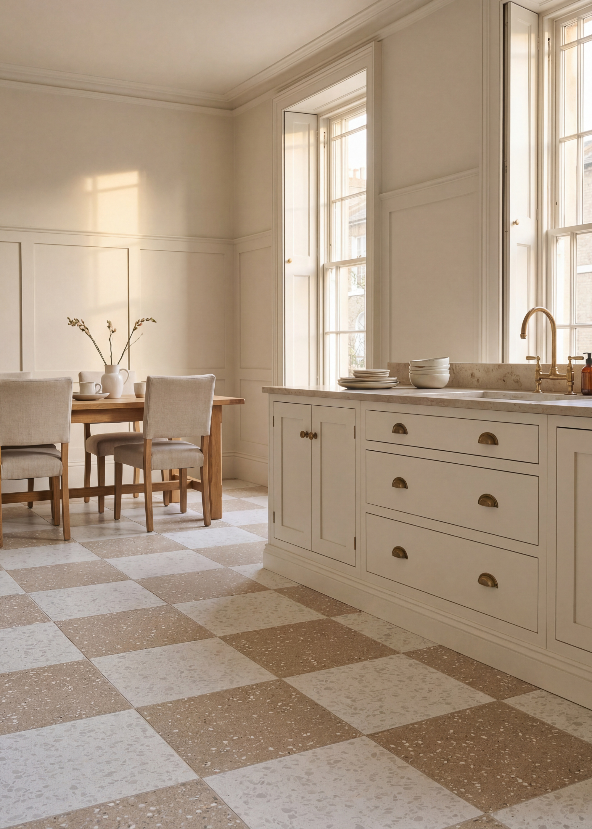 A traditional style off white kitchen with by a neutral terrazzo chequerboard flooring