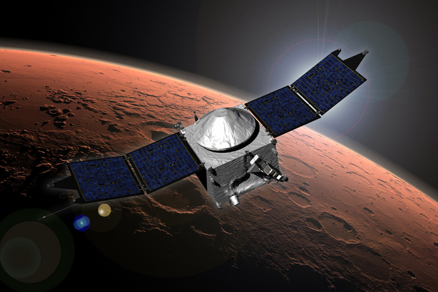 A concept image of NASA's MAVEN probe near Mars.
