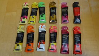 Torq energy gels for cycling on a wooden table