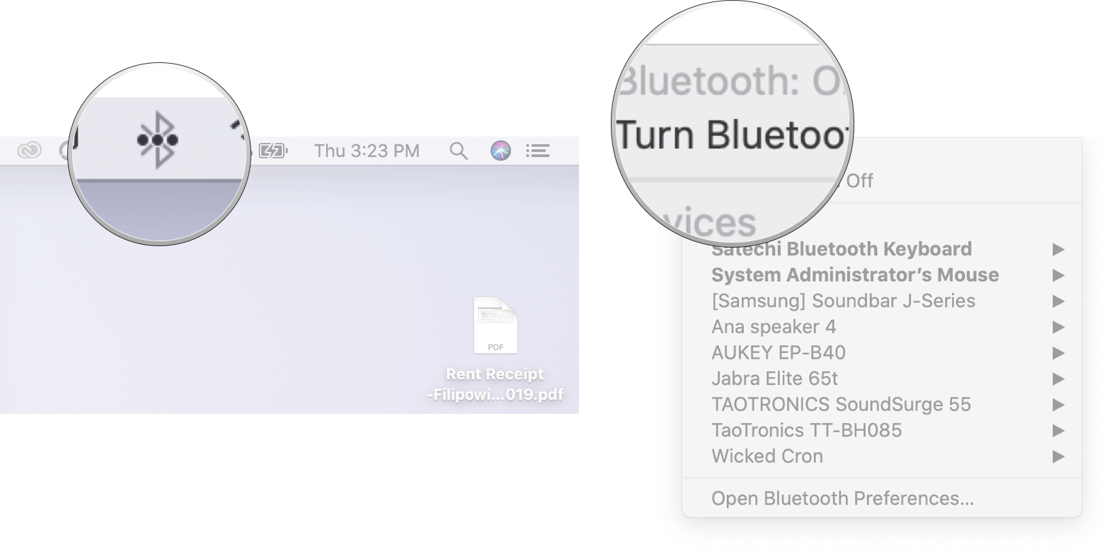Mengaktifkan Bluetooth di Mac: Klik simbol Bluetooth di bar menu, lalu klik Nonaktifkan Bluetooth