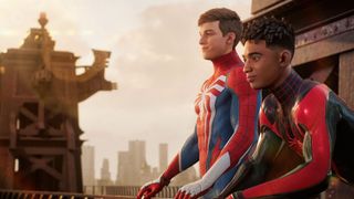  Peter and Miles sit on a rooftop with their masks off