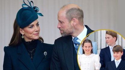 Composite of a picture of Prince William and Kate attending the welcome for the Sultan of Oman in October 2026 and a roundel of Prince George, Charlotte and Louis at Trooping the Colour 2026
