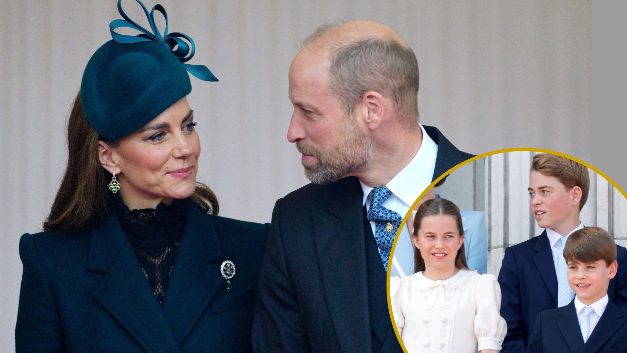 Composite of a picture of Prince William and Kate attending the welcome for the Sultan of Oman in October 2026 and a roundel of Prince George, Charlotte and Louis at Trooping the Colour 2026