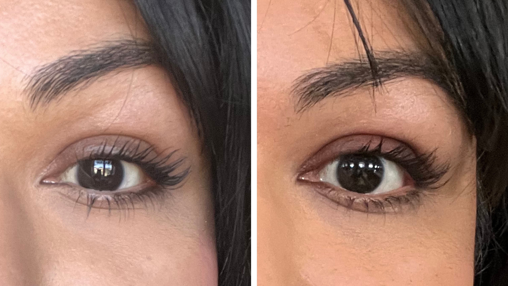 On the left, Aleesha wearing Glossier Lash Slick on its own, on the right, Aleesha wearing Sculpted by Aimee&#039;s My Mascara