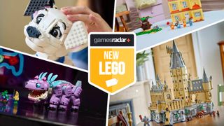 GamesRadar+ new Lego badge with the Lego Klombo, 101 Dalmatians, Bluey, and Hogwarts Castle sets divided from each other with white lines