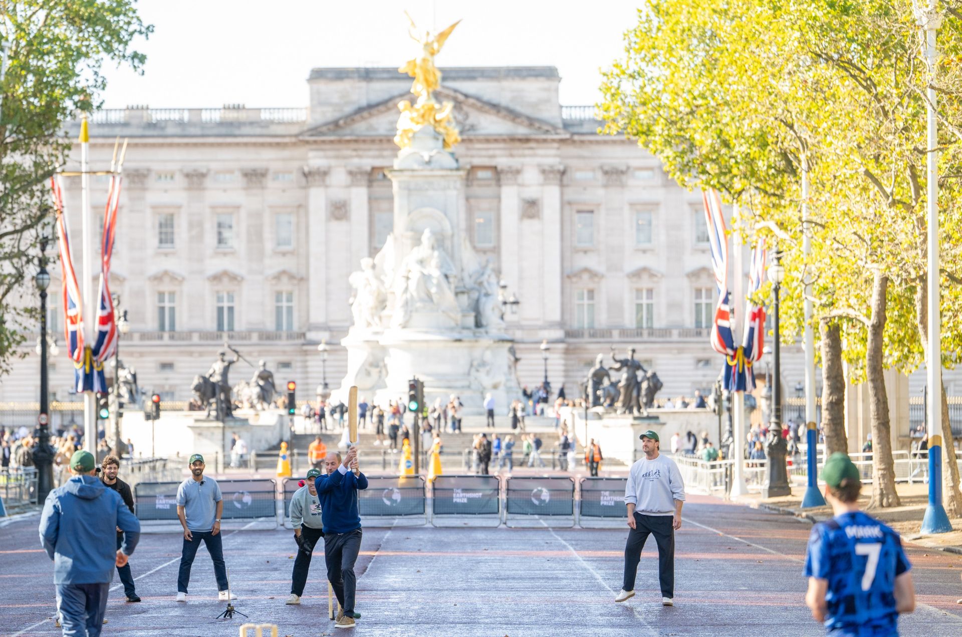 Prince William playing cricket in front of Buckingham Palace