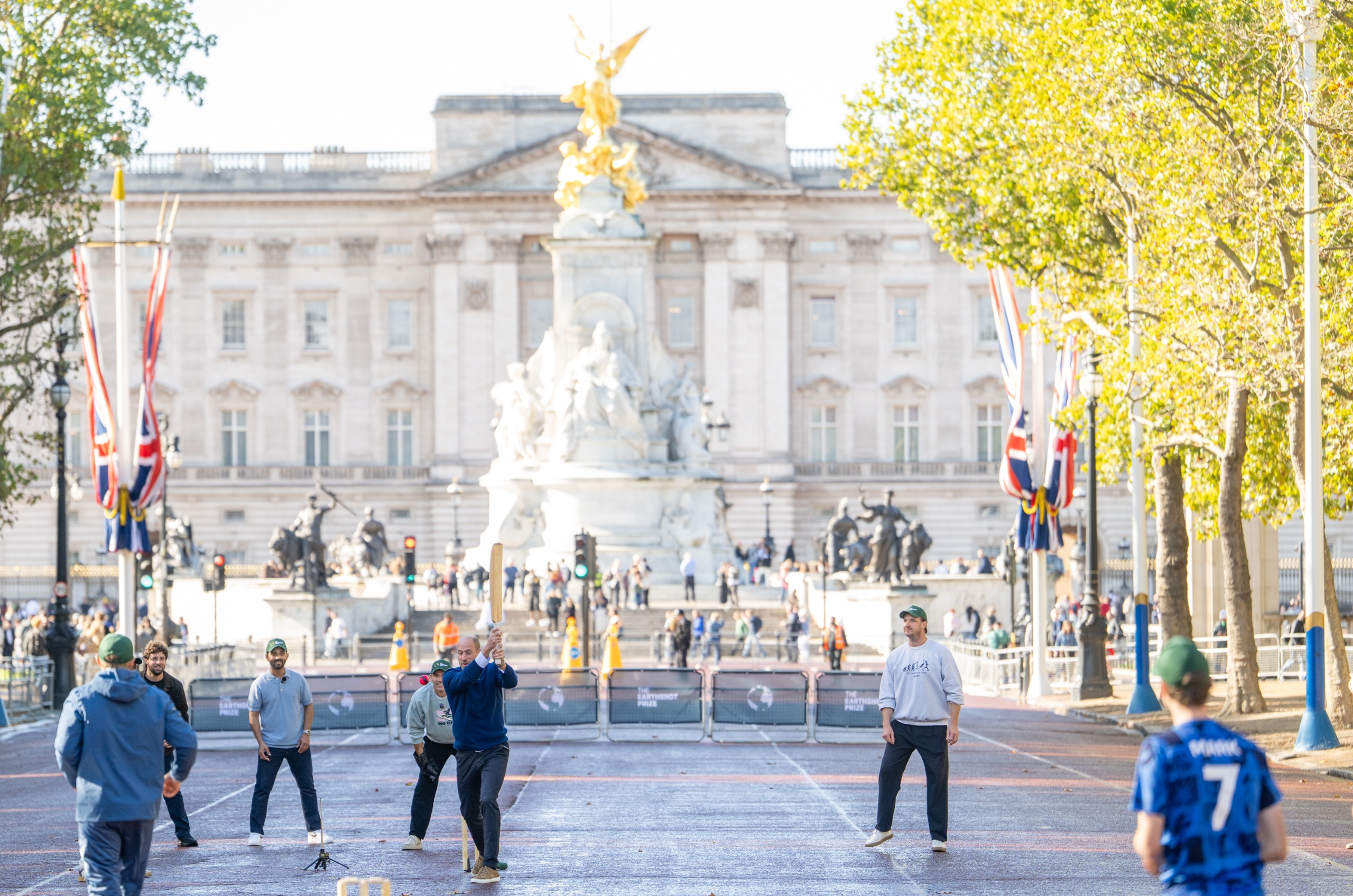 Prince William playing cricket in front of Buckingham Palace
