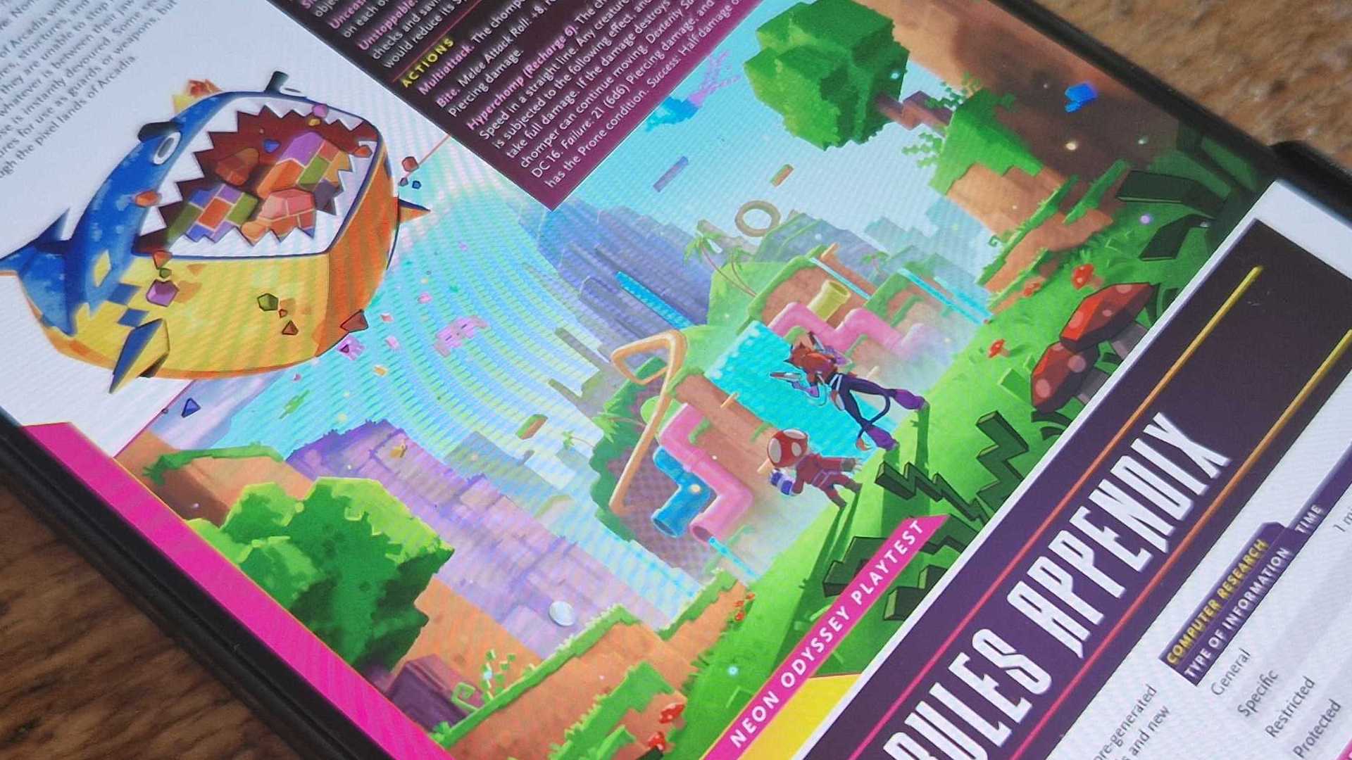 A colorful whale with blocks in its mouth flies over a video game style environment