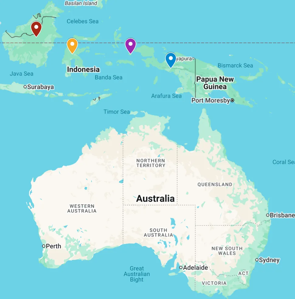 A arte rupestre recentemente datada, assim como outras evidências, sugere que os humanos modernos chegaram à Austrália navegando por uma rota que partia do atual Bornéu (vermelho), passava por Sulawesi (laranja) e seguia até a Papua Ocidental (azul) ou a ilha indonésia de Misool (roxo). (Crédito da imagem: Google Maps; dados do mapa © 2026, INEGI)