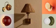 A lifestyle shot of a wicker wall sconce in the center with two wall light product cutouts either side in different colors and styles from multiple brands