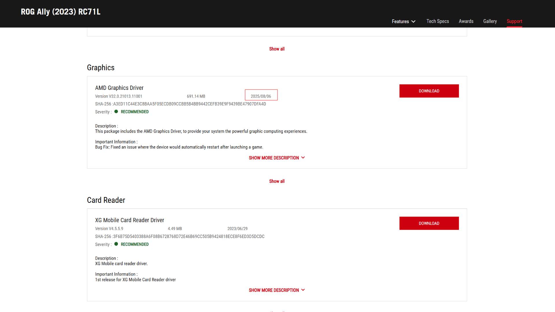 Screenshot of Asus ROG Ally (2023) driver page with last graphics driver update date highlighted with red rectangle.