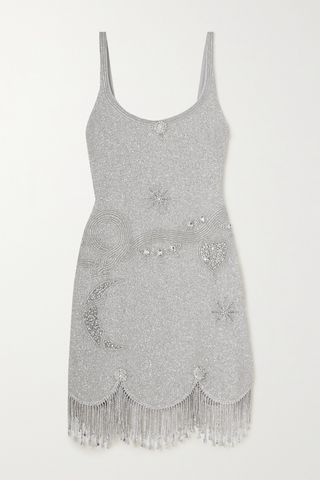 Silver Charm Fringed Embellished Stretch-Mesh Mini Dress