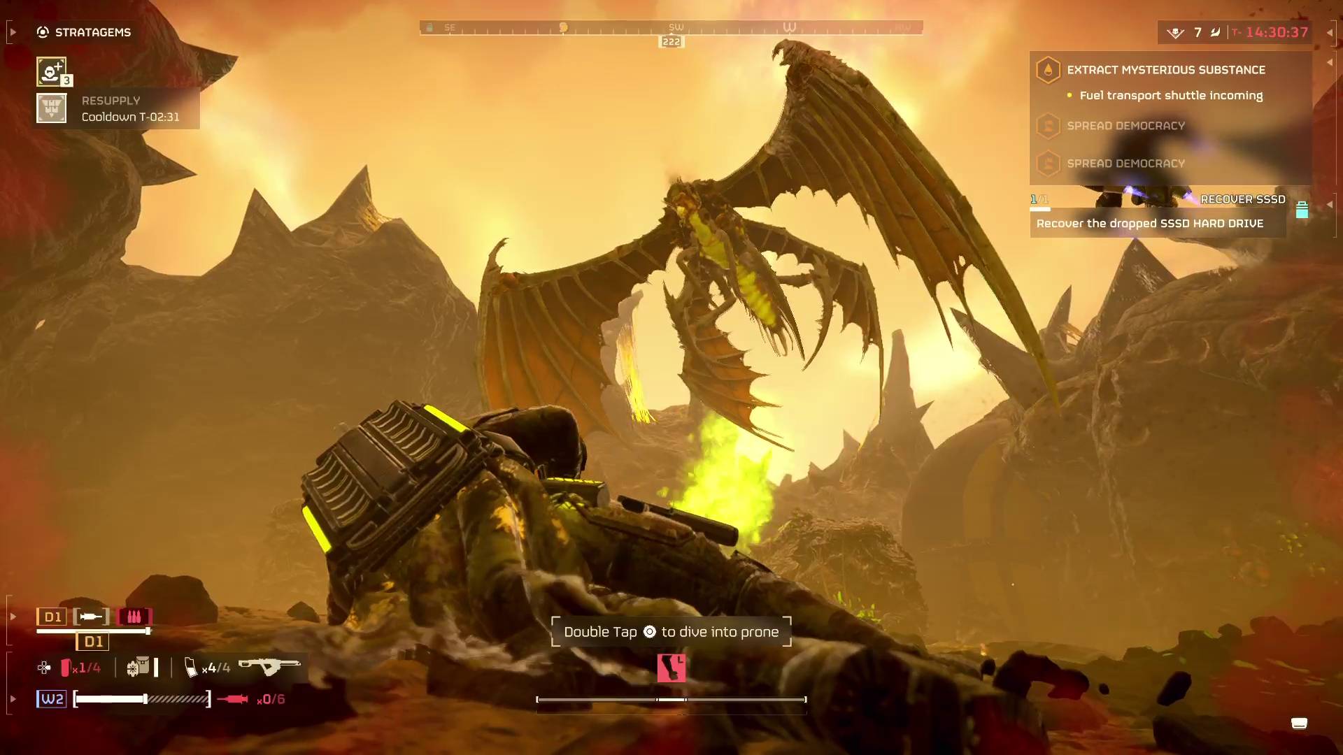 Helldivers 2 Dragonroach flying past Helldiver