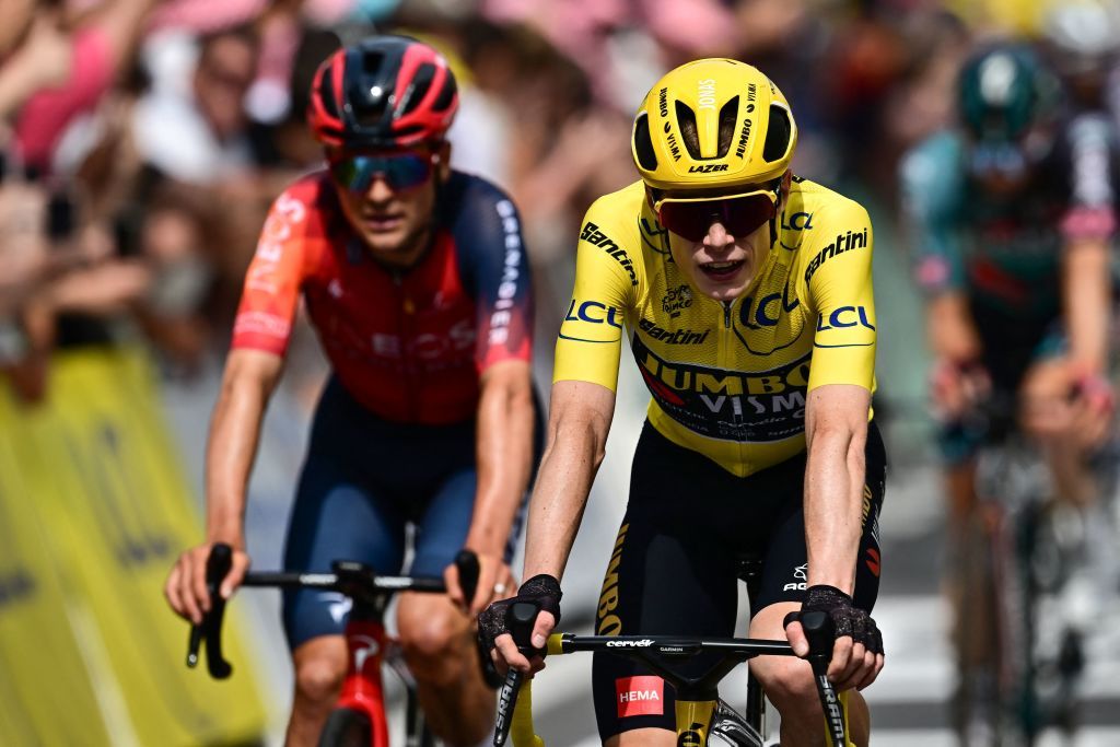 JumboVismas Danish rider Jonas Vingegaard wearing the overall leaders yellow jersey cycles past the finish line of the 8th stage of the 110th edition of the Tour de France cycling race 201 km between Libourne and Limoges in central western France on July 8 2023 Photo by Marco BERTORELLO AFP Photo by MARCO BERTORELLOAFP via Getty Images