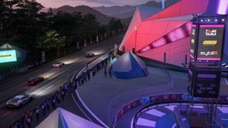 An image of a convoy arriving at the Legends Island outpost in Forza Horizon 6.