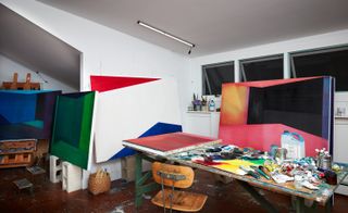 paintings, walls, ceilings and floors converge in Schaefer’s studio