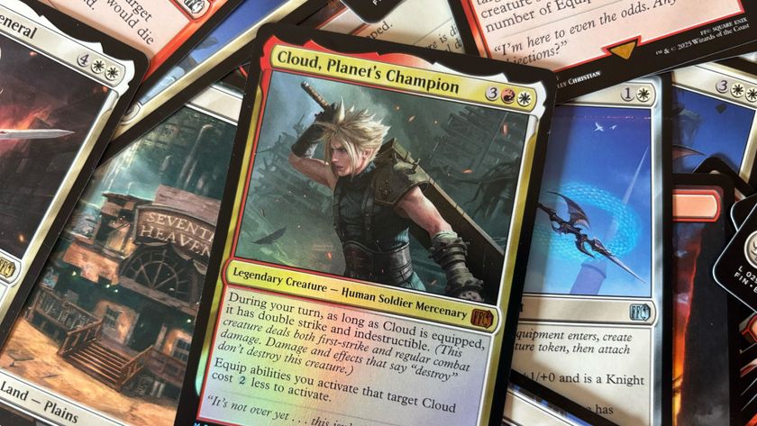 Cloud MTG card lying on top of a host of other MTG Final Fantasy cards