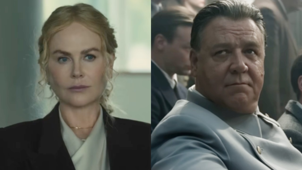 From left to right: Nicole Kidman in Lioness and Russell Crowe in NUREMBERG. 