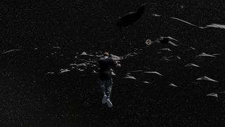 a rendered image of a man floating in dark space, near the rocky shadowed grey pieces of asteroid.