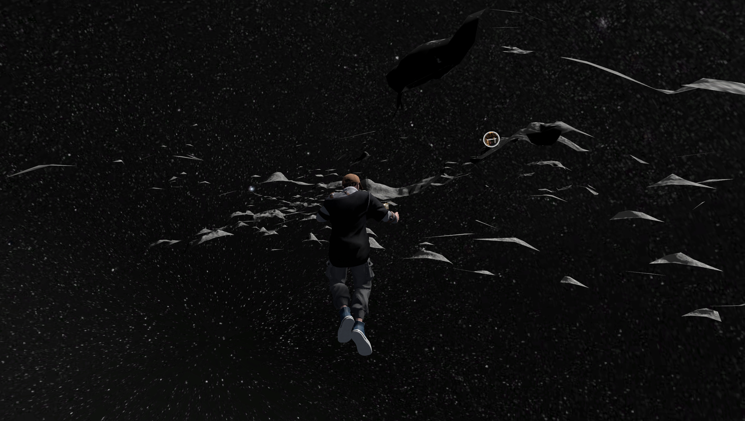 A drawn image of a man floating in dark space, near the shadowed gray rocky pieces of the asteroid.