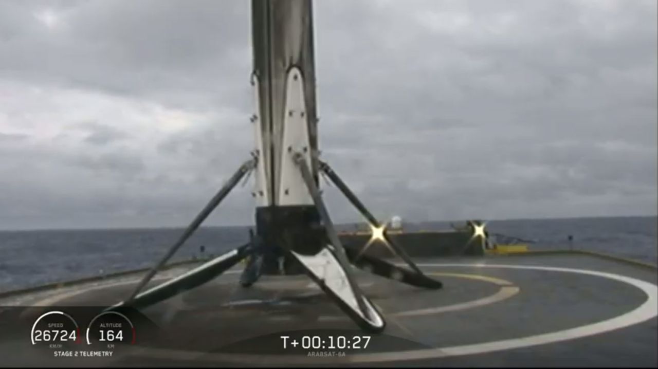The center core of SpaceX's second Falcon Heavy rocket sits atop the drone ship Of Course I Still Love You. The rocket landed successfully, completing a triple landing for SpaceX during the Arabsat 6A satellite launch on April 11, 2019.