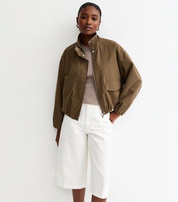 Khaki Brown High Neck Bubble Hem Jacket