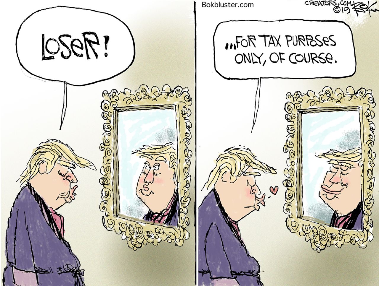 Political Cartoon U.S. Trump taxes mirror reflection