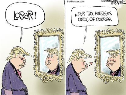 Political Cartoon U.S. Trump taxes mirror reflection