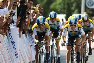 Team Astana rides to a stage win in the team time trial at the Tour de France.