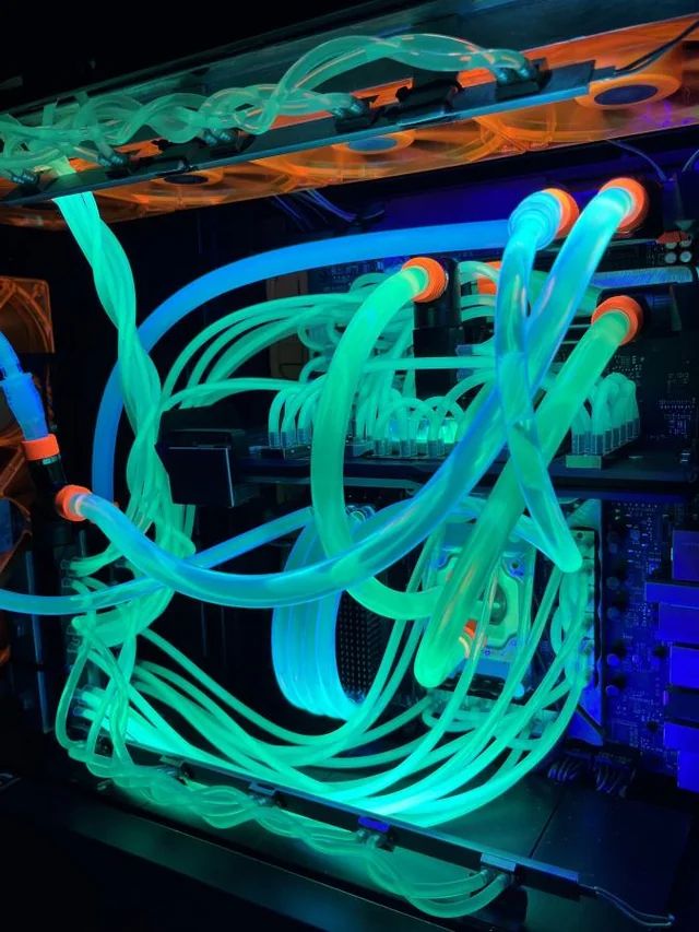 A custom liquid cooled gaming PC with UV fluorescent liquid