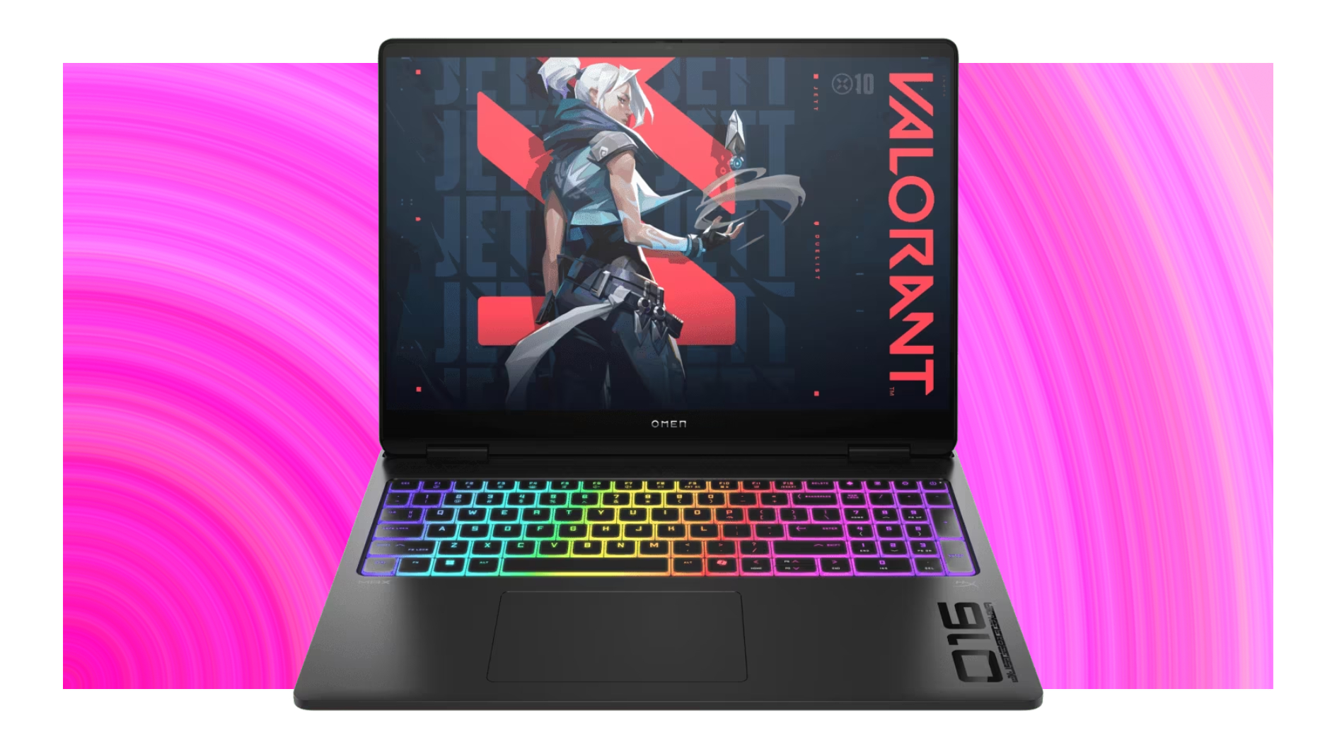 The HP Omen Max 16 gaming laptop on a pink deals background for Amazon Prime Day