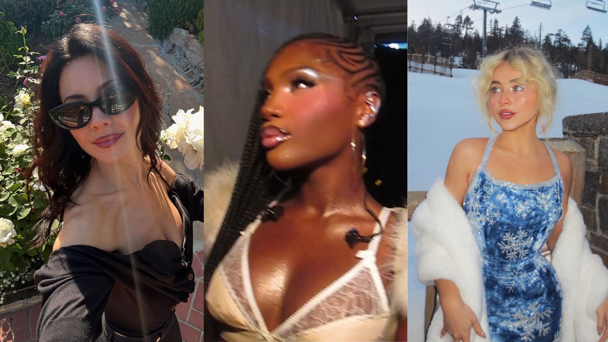 Images of Marina Diamandis, Doechii, and Sabrina Carpenter wearing 2016-inspired makeup looks in 2025.