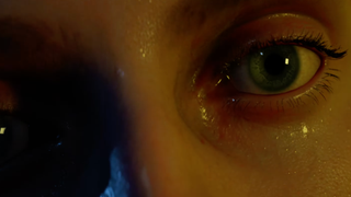 A close-up of blue eyes
