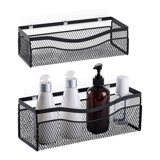 Black mesh shower caddy with bathroom products