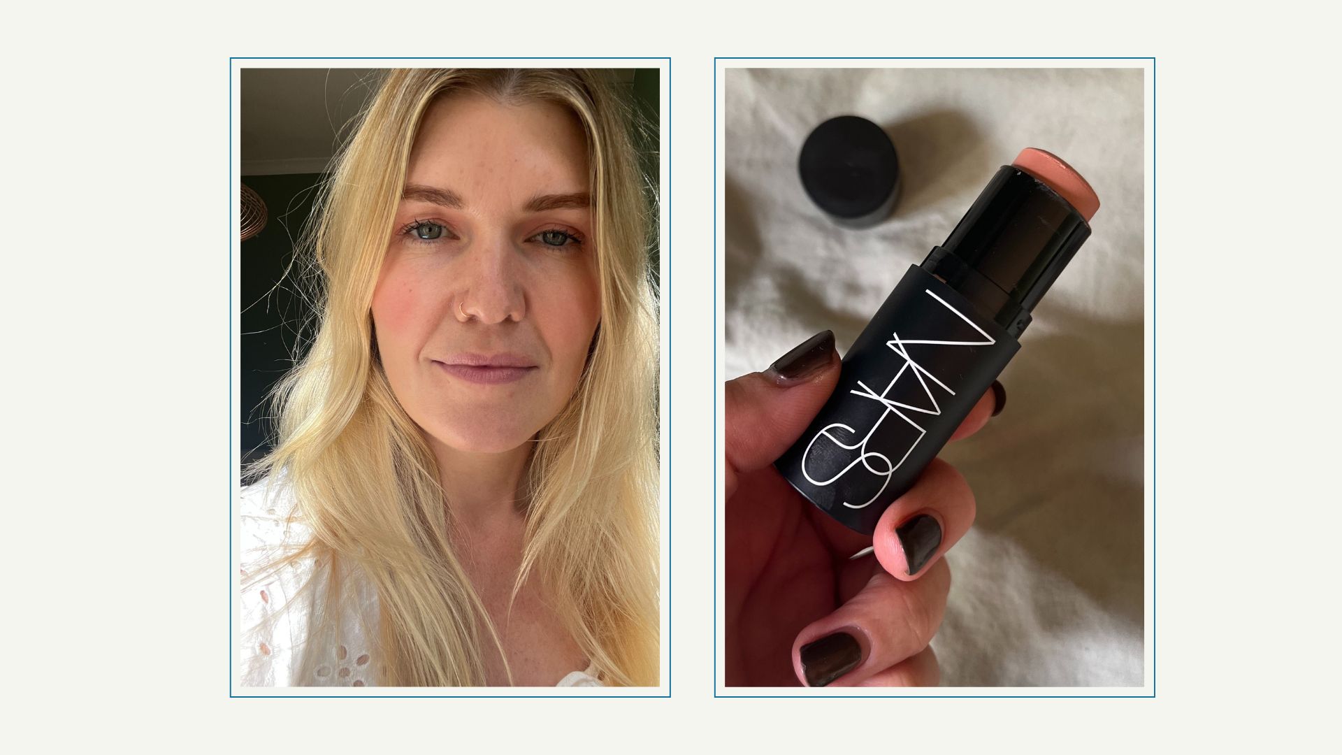 Beauty editor Fiona McKim pictured nin a white top with a peach coloured eyeshadow, blush and lipstick next to an image of a hand with dark nail polish holding NARS The Multiple in Dazed