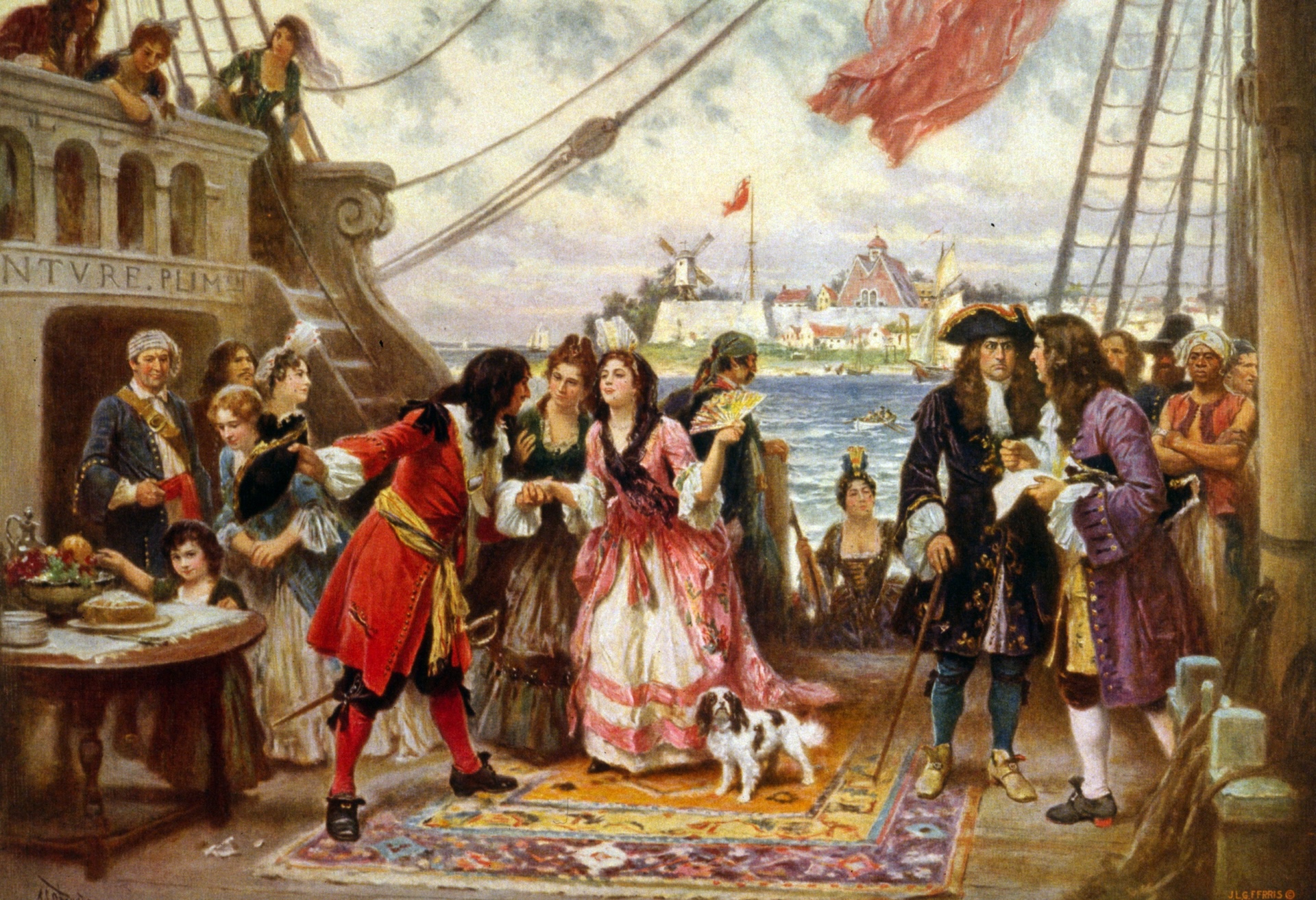 A painting of William Kidd welcoming a young woman on board his ship; other men and women crowd the deck as another woman steps aboard.
