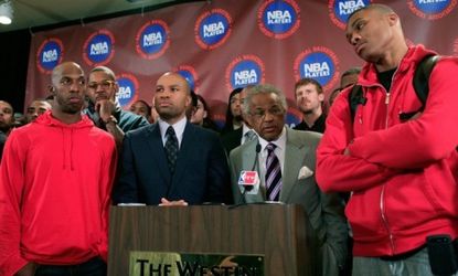 NBA Players Association leaders and athletes during a recent press conference: NBA players are filing an antitrust lawsuit against the league, claiming that the lockout is illegal.