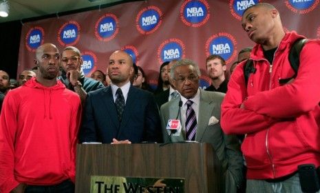 NBA Players Association leaders and athletes during a recent press conference: NBA players are filing an antitrust lawsuit against the league, claiming that the lockout is illegal.