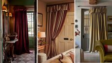 A collage of three door curtains over front doors in a rich red velvet fabric and striped fabrics