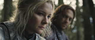 Morfydd Clark (Galadriel) and Charlie Vickers (Halbrand) in Prime Video's The Lord of the Rings: The Rings of Power.