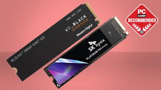 The best SSD for gaming buying guide header with two NVMe SSDs and a recommended logo