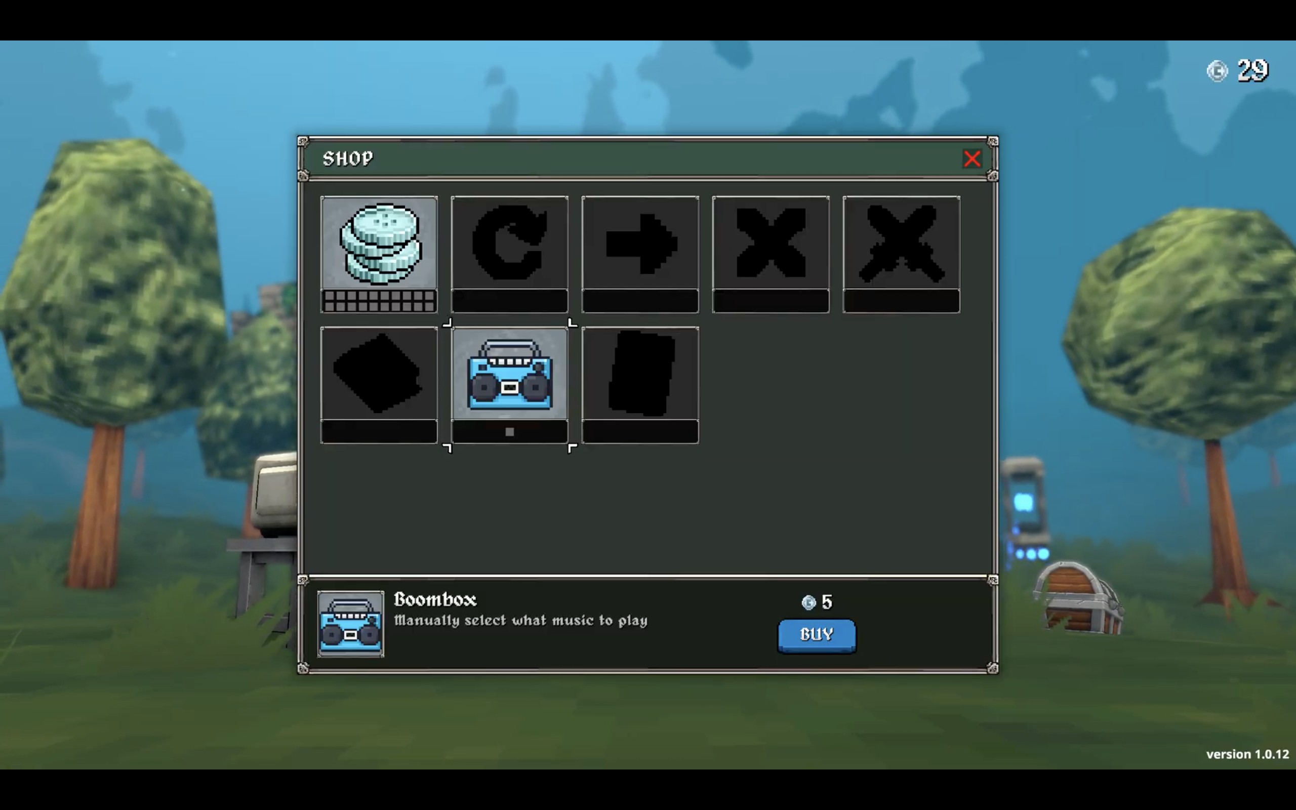 Megabonk store showing a blue boombox that costs 5 silver coins