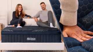 A split screen showing an image of a happy couple sitting on a Brooklyn Bedding ThermoBalance Mattress and an image of a hand feeling the Signature Hybrid's pillow top. 