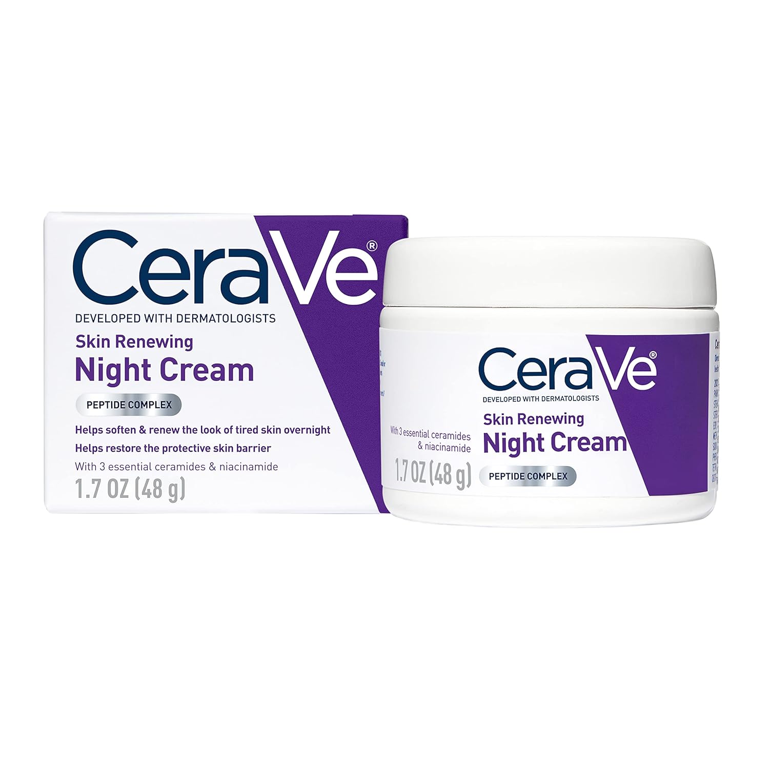 Cerave Skin Renewing Night Cream, Niacinamide, Peptide Complex, and Hyaluronic Acid Moisturizer for Face, 1.7 Ounce, Packaging May Vary